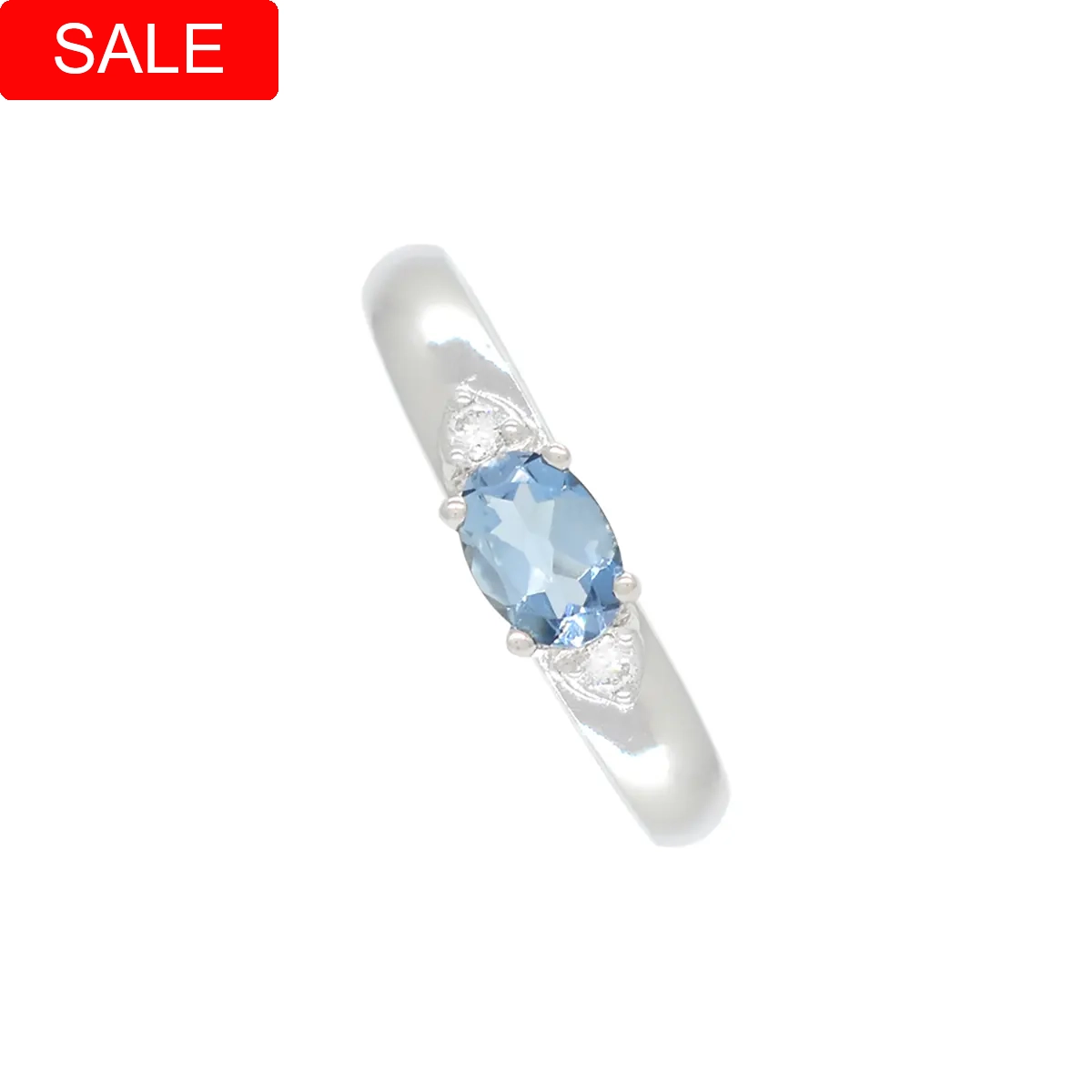 Aquamarine and diamond band ring in 18K white gold with 0.35 Ct. oval shape natural aquamarine and 0.04 Ct. total weight in 2 round cut diamonds