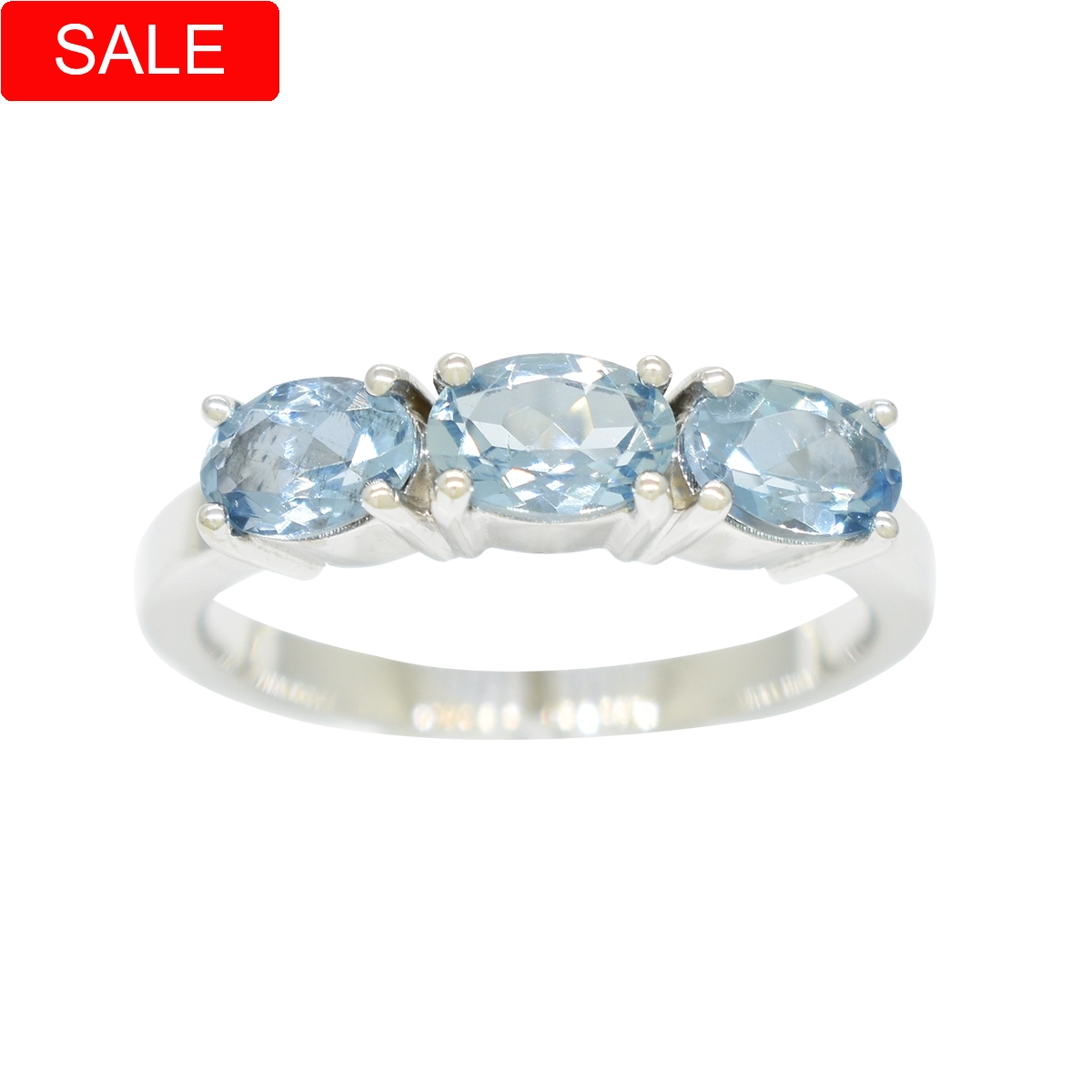 Aquamarine ring in solid 18K white gold with 3 matching oval shape genuine aquamarines in 1.27 carats total weight