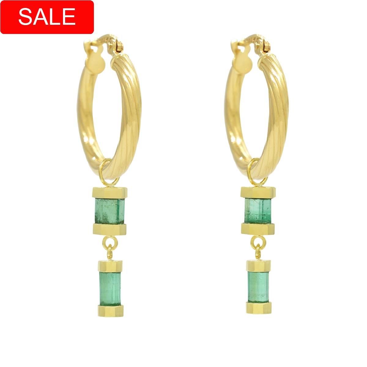 Emerald dangling earrings with 4 uncut natural emeralds in 18K gold in a total carat weight of 3.28 carats in medium light green color