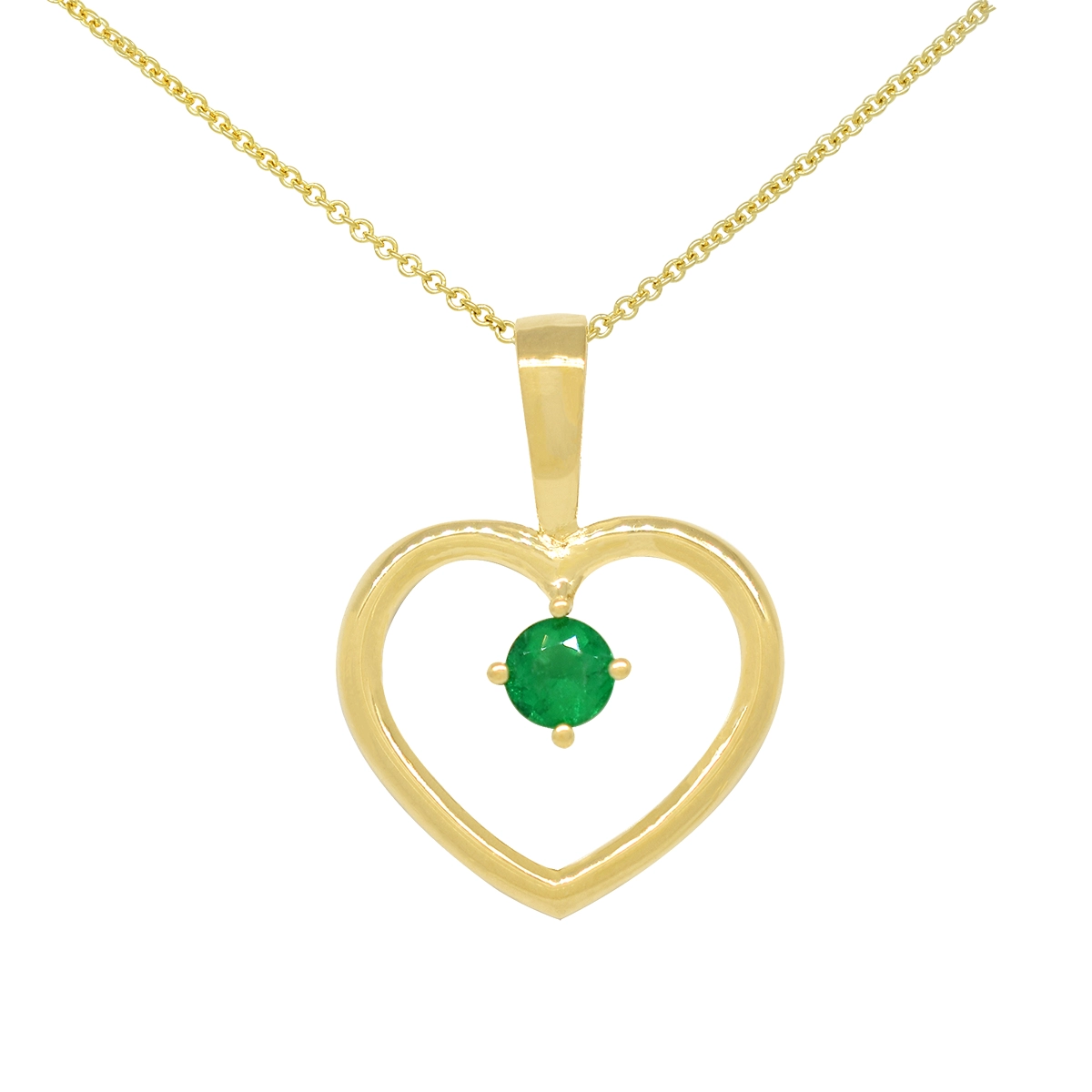 Heart-shaped emerald pendant necklace in 18K gold with small round cut emerald in 0.22 Ct. weight set in the center