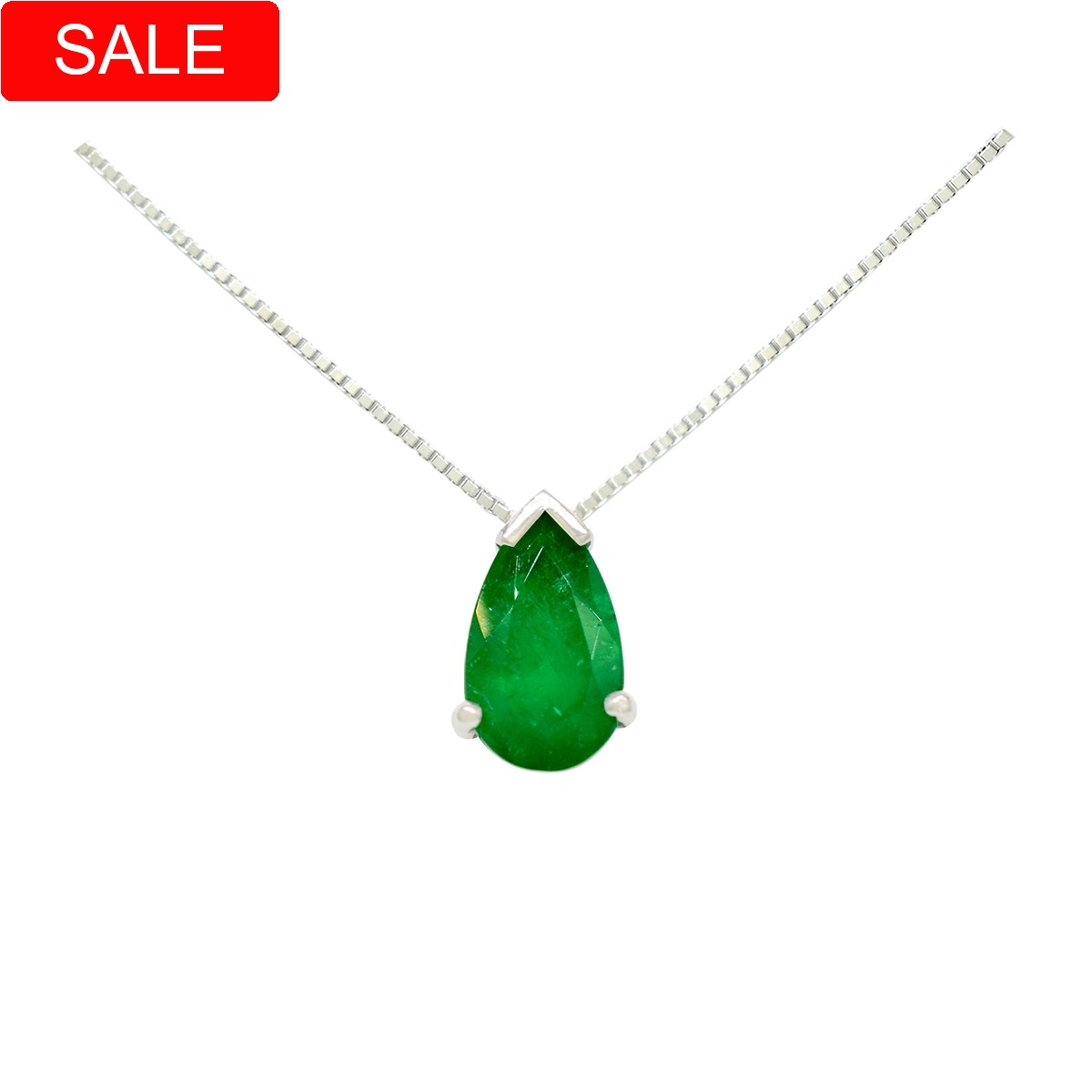 Emerald necklace in 18K white gold with 1 Ct. pear shape natural Colombian emerald with dark green color set in a simple solitaire style 