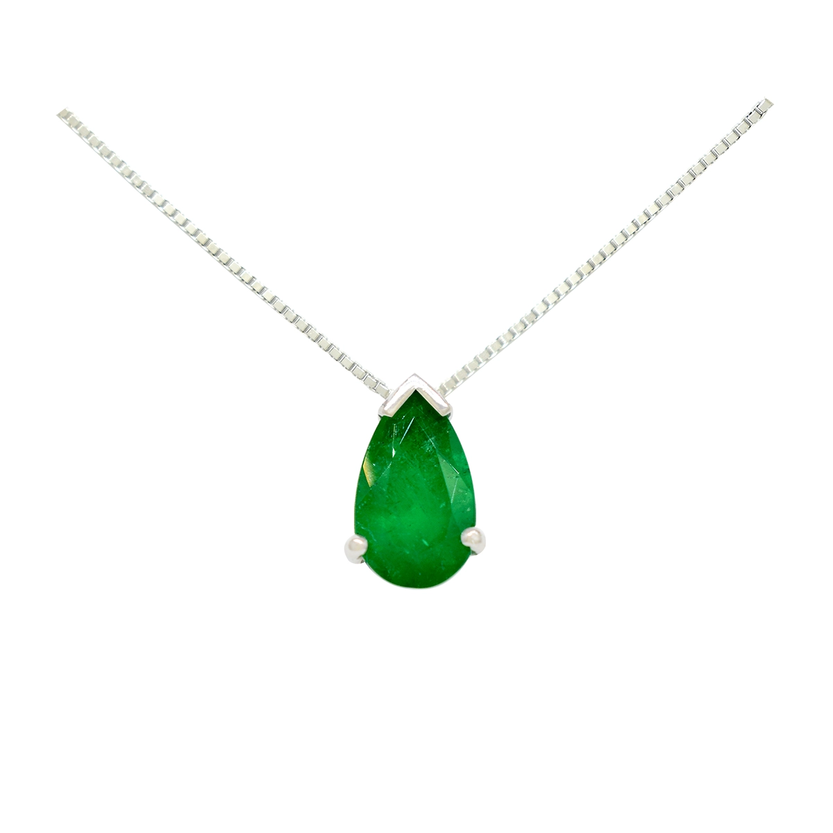 Emerald necklace in 18K white gold with 1 Ct. pear shape natural Colombian emerald with dark green color set in a simple solitaire style 