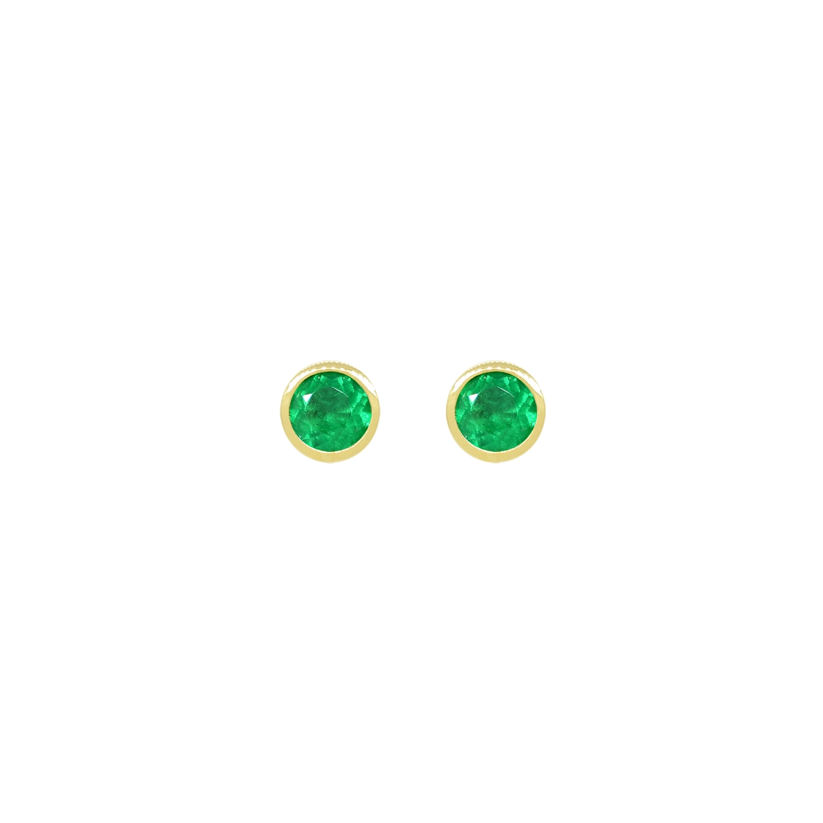 Small stud emerald earrings in 18K yellow gold classic bezel setting with 2 real Colombian emeralds