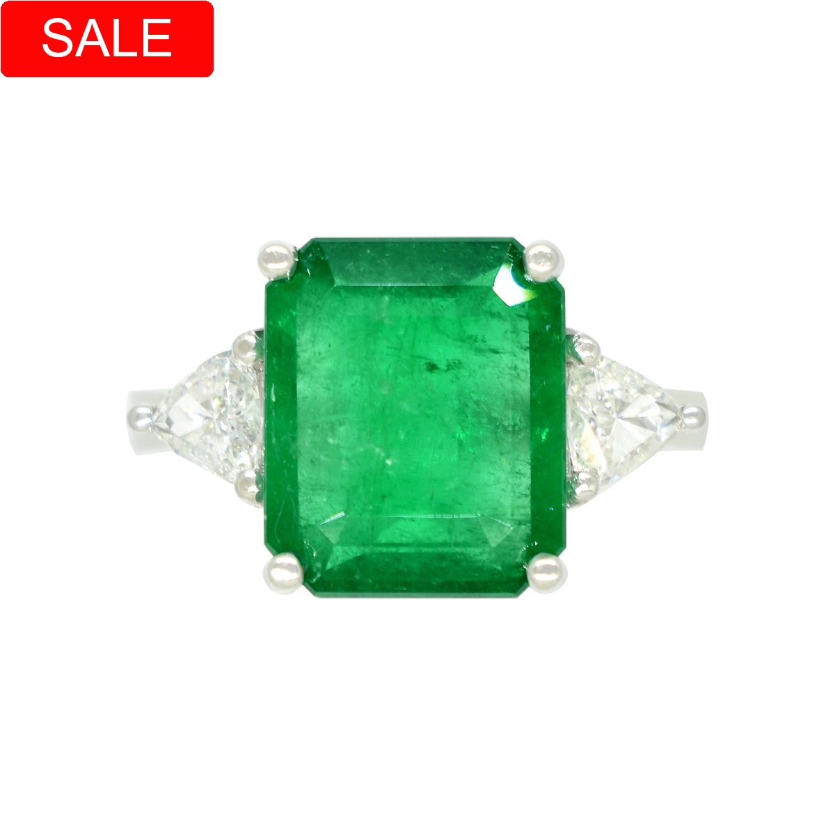 Big emerald cut natural emerald and trillion cut diamond ring in solid 18K white gold 3-stones ring style