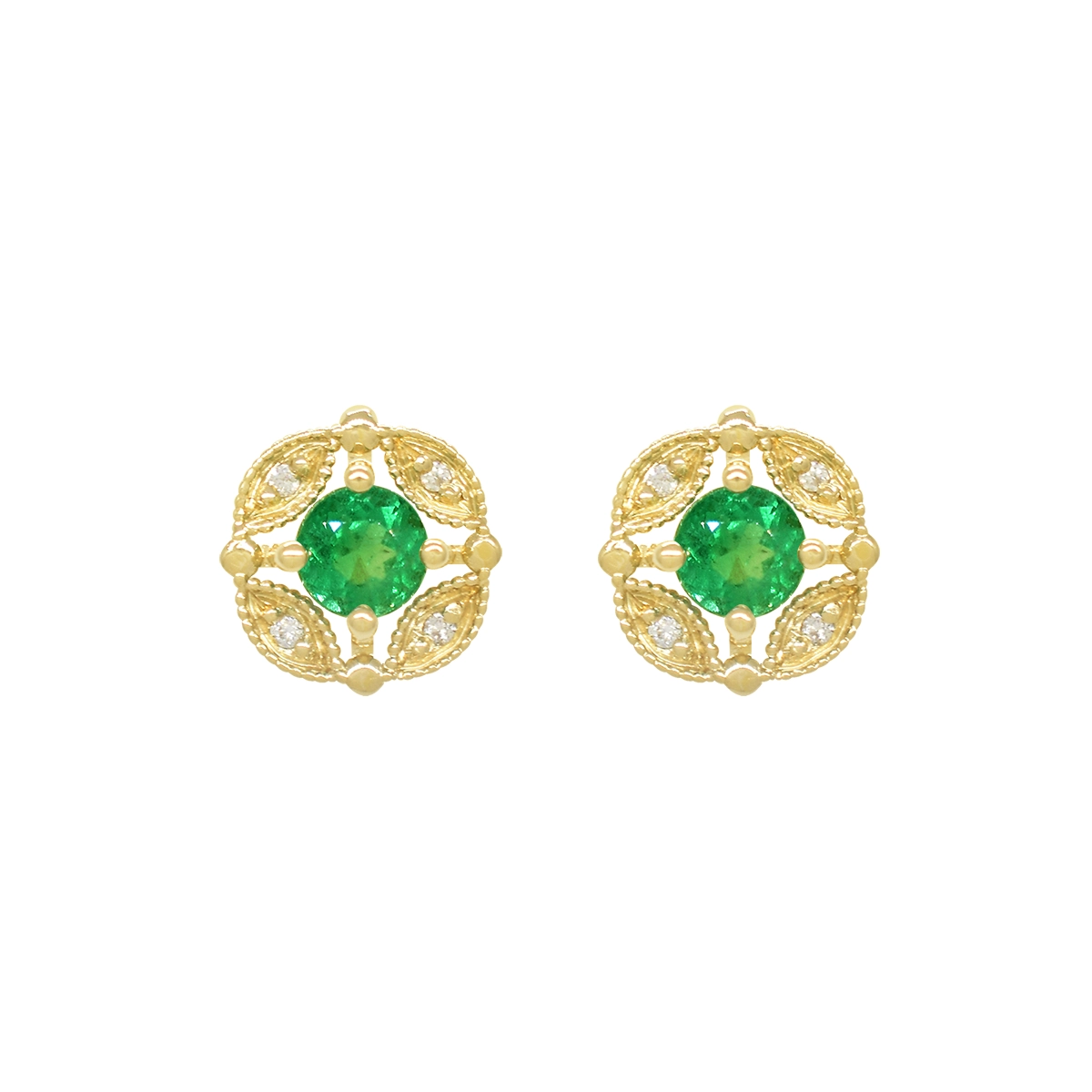 18K gold emerald and diamond stud earrings with 0.50 carats total weight in 2 round cut real natural emeralds and 0.04 carats total weight in 8 round cut genuine diamonds