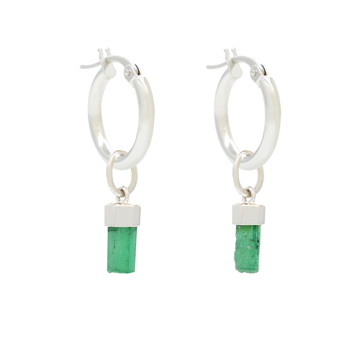 Emerald dangling earrings in 18K white gold hoops with 2 uncut natural Colombian emeralds in 1.72 carats total weight