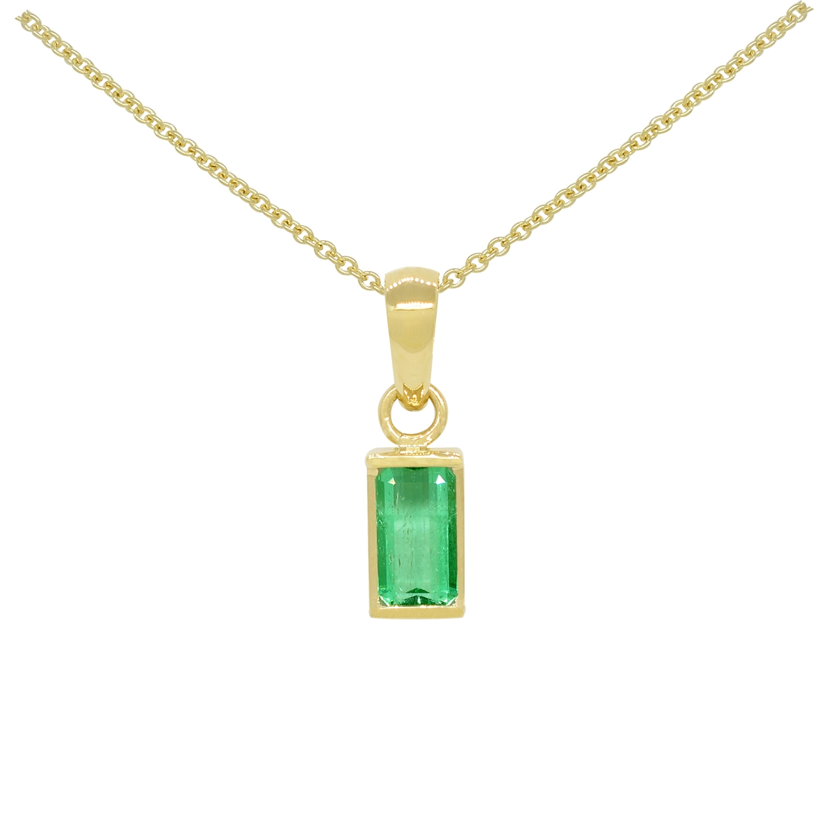 Emerald-cut natural Colombian emerald set in 18K gold solitaire pendant necklace half bezel setting