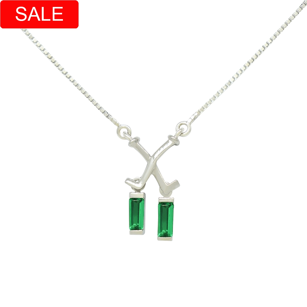 Emerald necklace in 18K white gold with 2 baguette cut natural Colombian emeralds in 1.04 Ct. t.w. set in half bezel setting